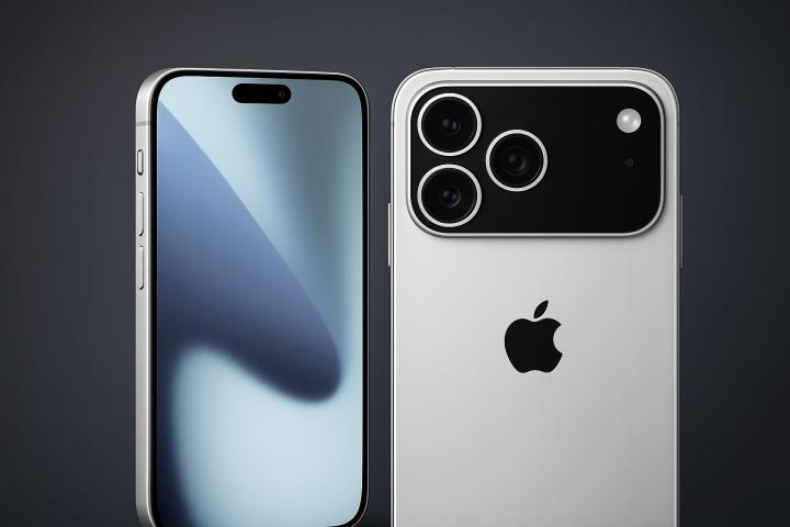 Prototype de l’iPhone 17 Pro Max affichant un design revisité avec caméra améliorée, présenté sur fond neutre