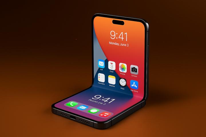 iPhone pliant Apple ouvert en L avec design inspiré de l’iPhone 15, affichage net et caméra avant discrète