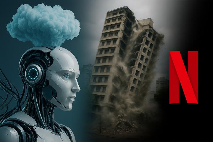 Illustration d’une scène générée par intelligence artificielle pour une série Netflix, avec un robot, un immeuble en ruine et le logo Netflix