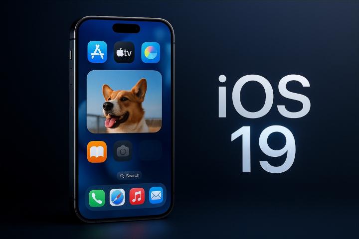 iPhone affichant l'écran d'accueil d'iOS 19 avec des icônes d'applications modernisées et un widget photo, posé debout sur un fond noir élégant