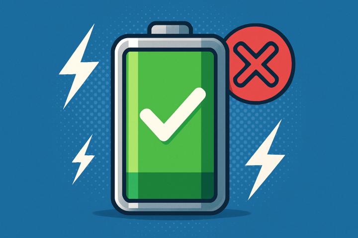 Illustration d'une batterie verte partiellement chargée avec une coche blanche, entourée d'éclairs blancs sur fond bleu et d'un symbole rouge avec une croix, représentant les bonnes et mauvaises pratiques pour prolonger la durée de vie des batteries.