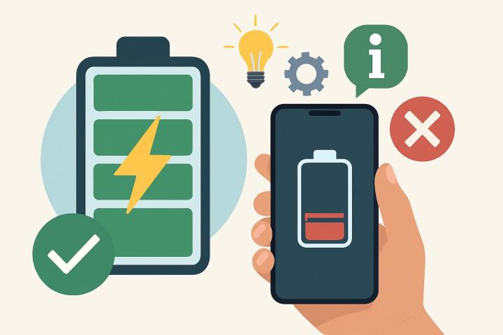 Illustration d'une batterie verte partiellement chargée avec une coche blanche, entourée d'éclairs blancs sur fond bleu et d'un symbole rouge avec une croix, représentant les bonnes et mauvaises pratiques pour prolonger la durée de vie des batteries.