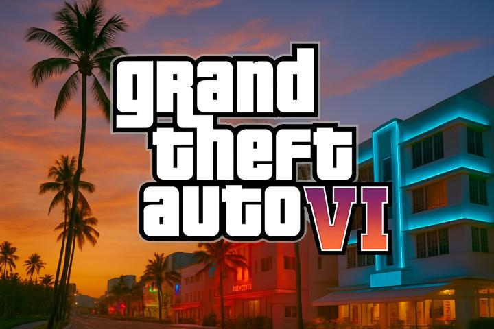 Image officielle de GTA 6 avec le logo, montrant Vice City et ses décors modernes